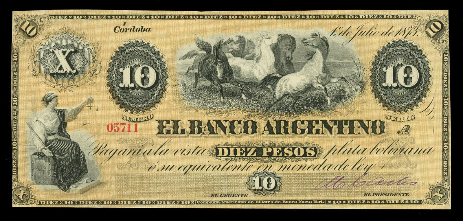 ARGENTINA Cordoba El Banco Argentino 10 pesos 1-7-1873 Pick-S1481r Bauman Plate