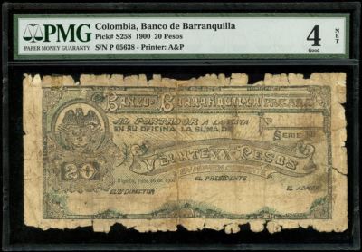 Barranquilla, Colombia 20 Pesos, 26-7-1900, PMG Graded Good 4 Net Pick-S258