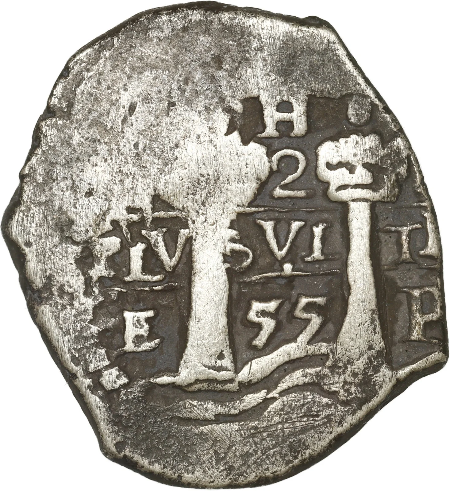 BOLIVIA, Potosí, cob 2 reales, 1655 E, H at top.