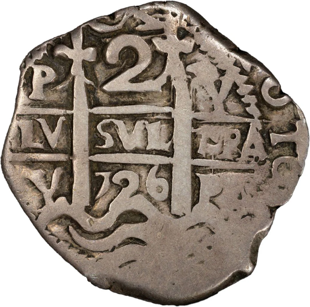 BOLIVIA, Potosí, cob 2 reales, 1726 Y, Louis I, PCGS F15, ex-August.