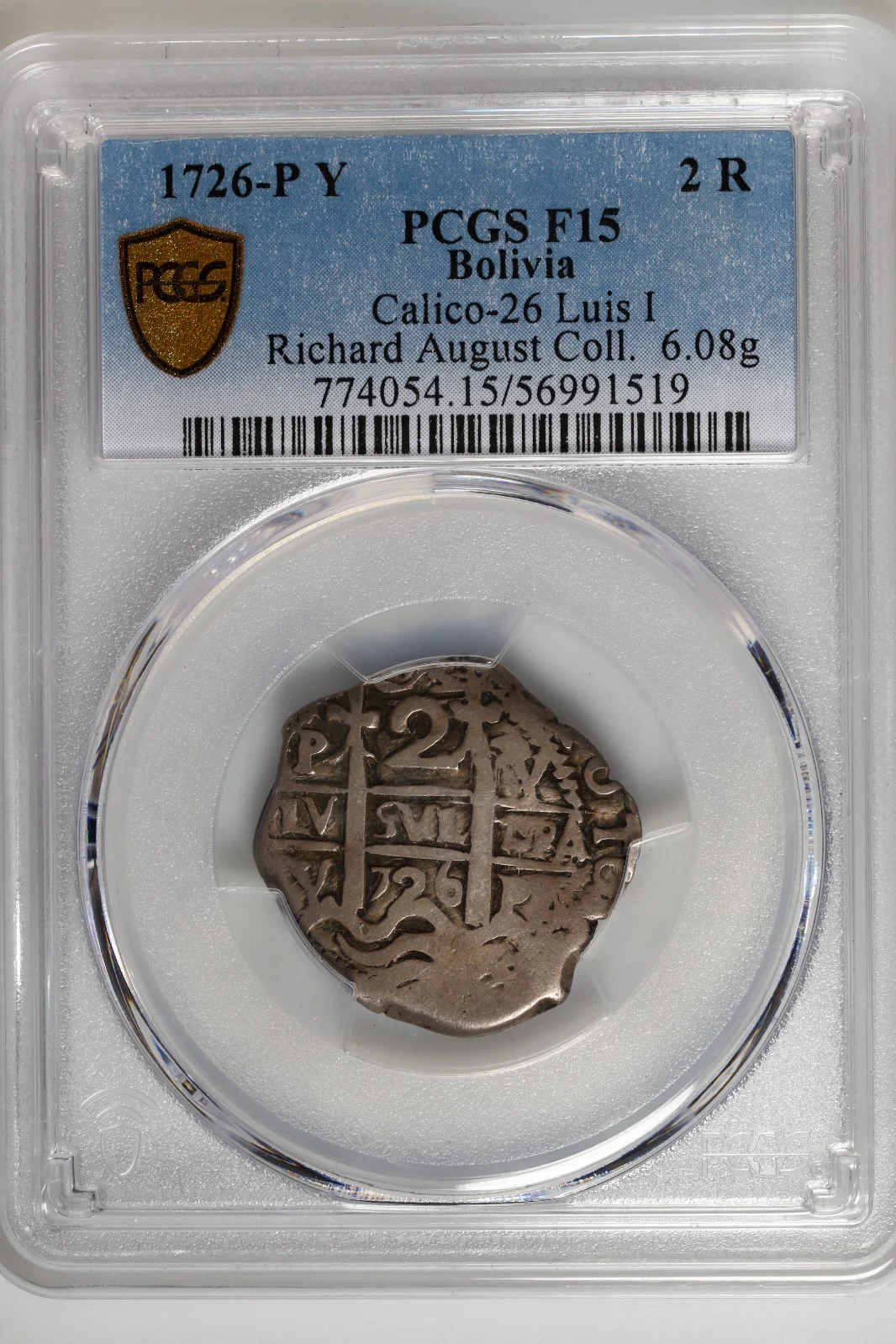 BOLIVIA, Potosí, cob 2 reales, 1726 Y, Louis I, PCGS F15, ex-August. - Image 3