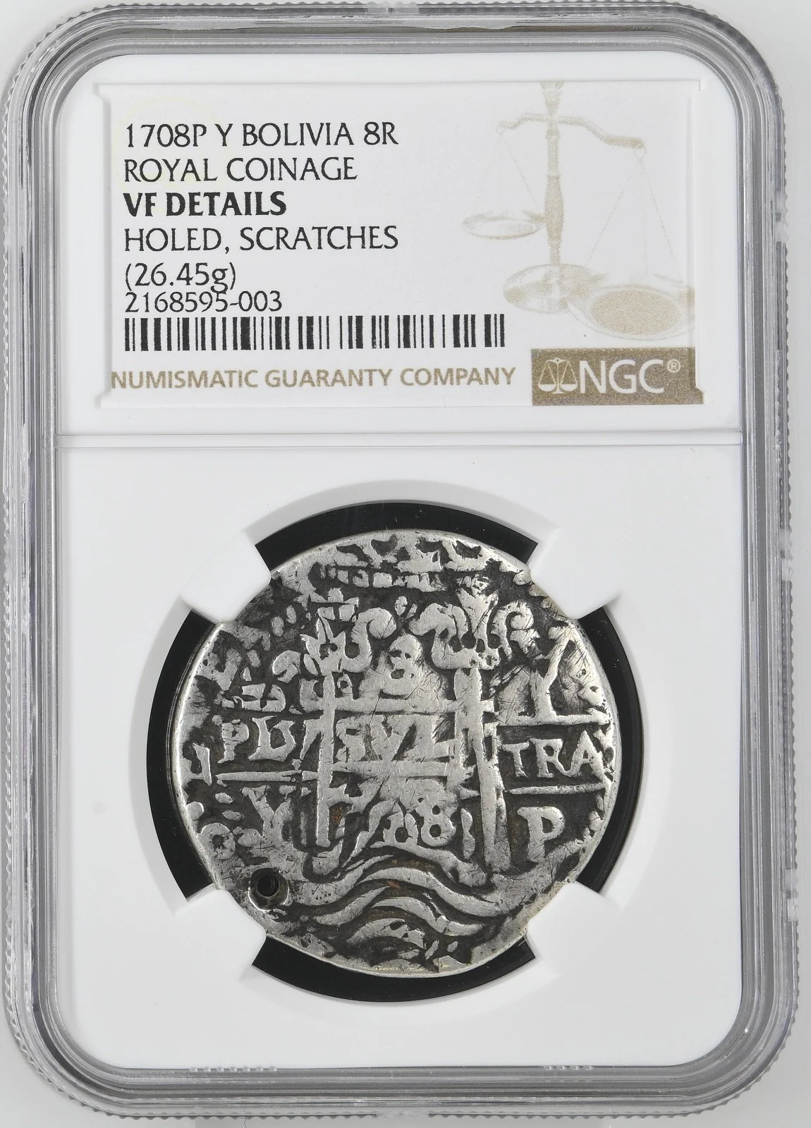 BOLIVIA, Potosí, cob 8 reales Royal (galano), 1708 Y, NGC VF details - Image 3