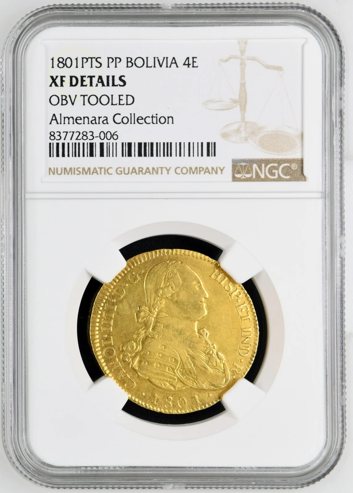 BOLIVIA Potosí Gold Bust 4 Escudos Charles IV 1801 PP NGC XF Details Rare Date - Image 3