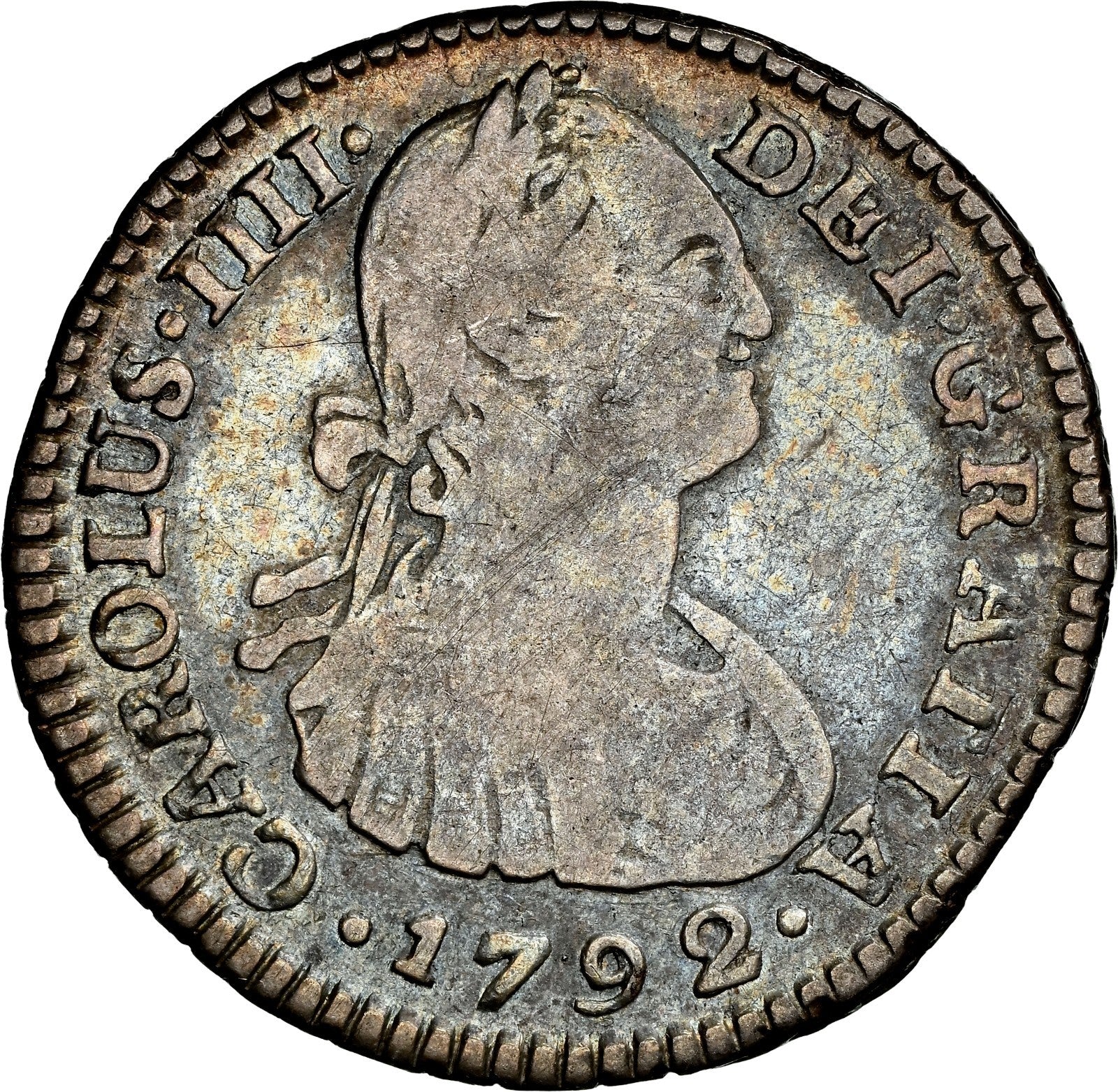COLOMBIA, Bogotá, bust 1 real, Charles IV, 1792 J•J, no • in mintmark, NGC F 15