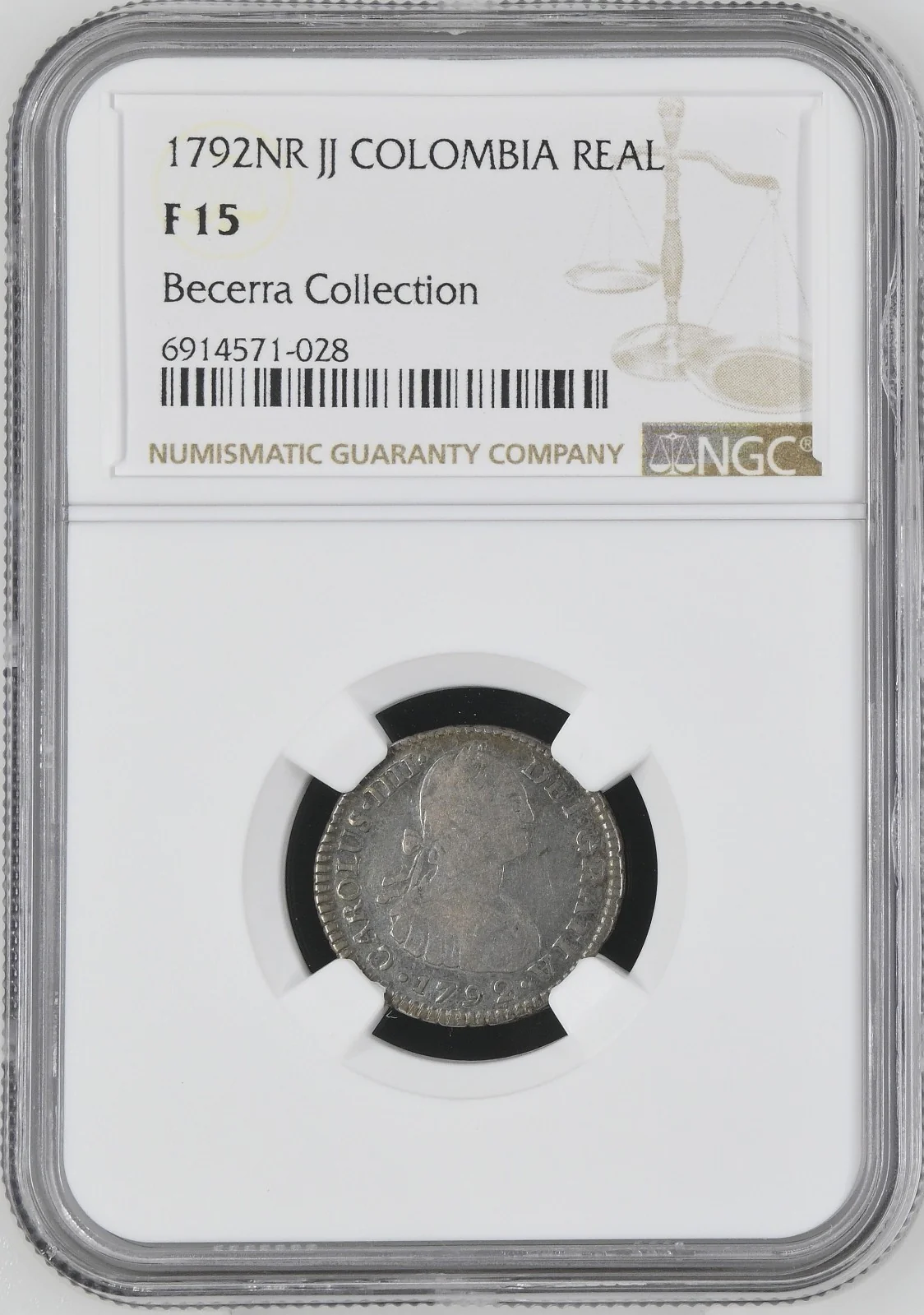 COLOMBIA, Bogotá, bust 1 real, Charles IV, 1792 J•J, no • in mintmark, NGC F 15 - Image 3