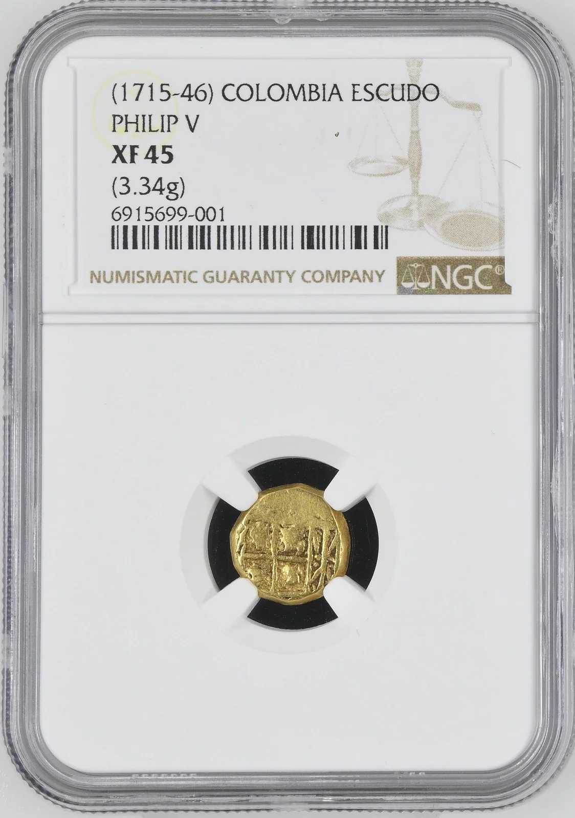 COLOMBIA, Bogotá, gold cob 1 escudo, Philip V, NGC XF 45. - Image 3