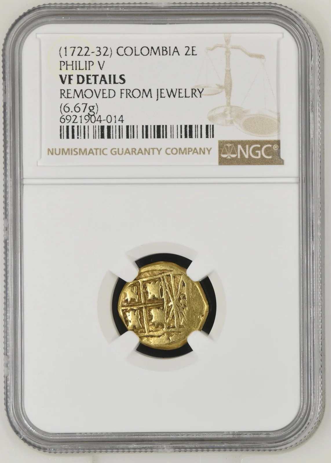 COLOMBIA, Bogotá, gold cob 2 escudos, Philip V, NGC VF details - Image 3