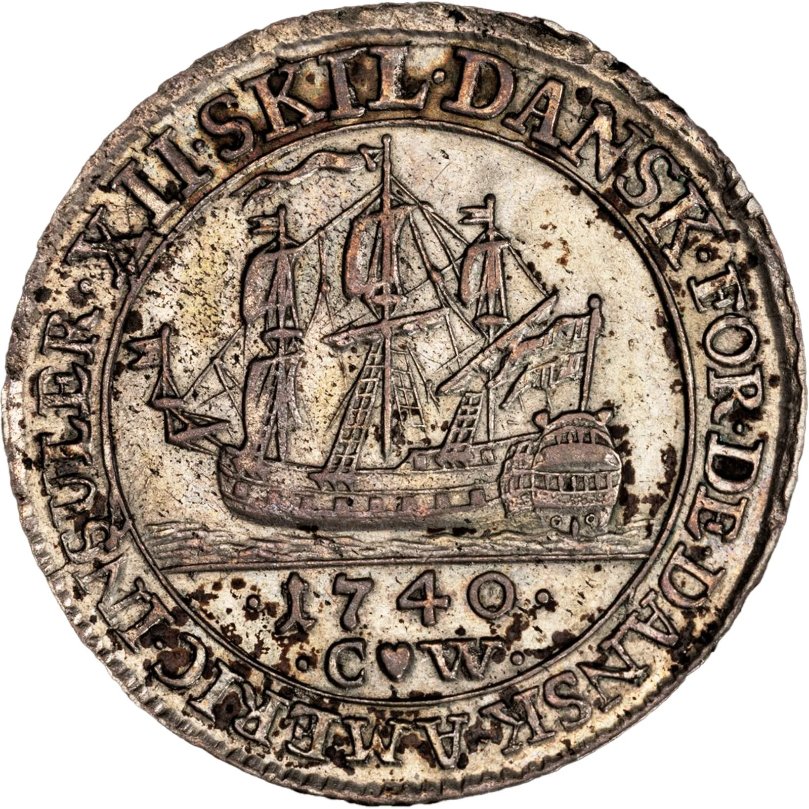 DANISH WEST INDIES, Copenhagen mint, 12 skilling, Christian VI, 1740 CW, PCGS AU