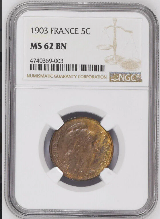 France, bronze 5 centimes, 1903, NGC MS 62 Brown. NGC #4740369-003. - Image 3