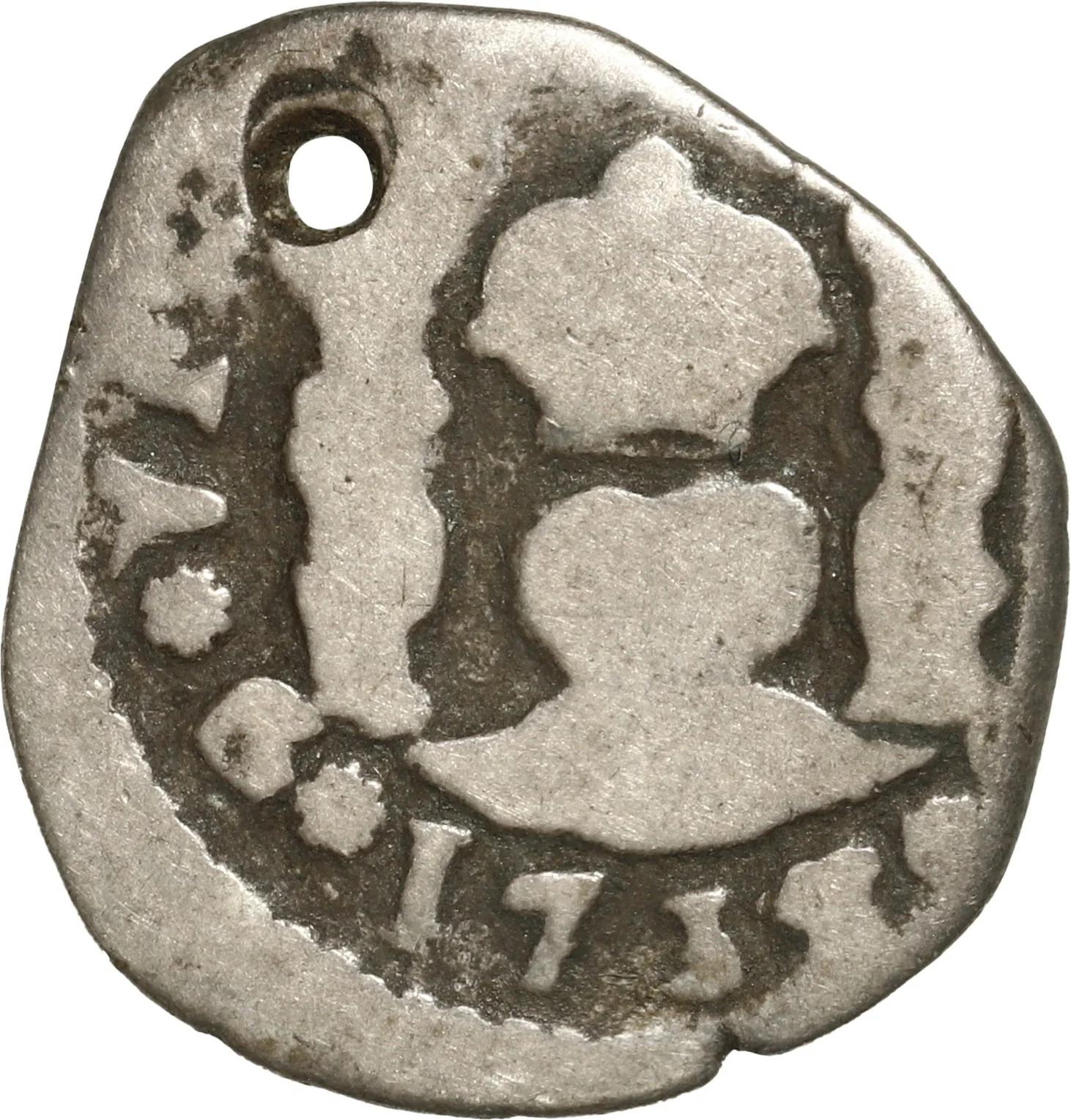 GUATEMALA, Guatemala City, cob ½ real, 1735/4 J, "+" for denomination, rare.