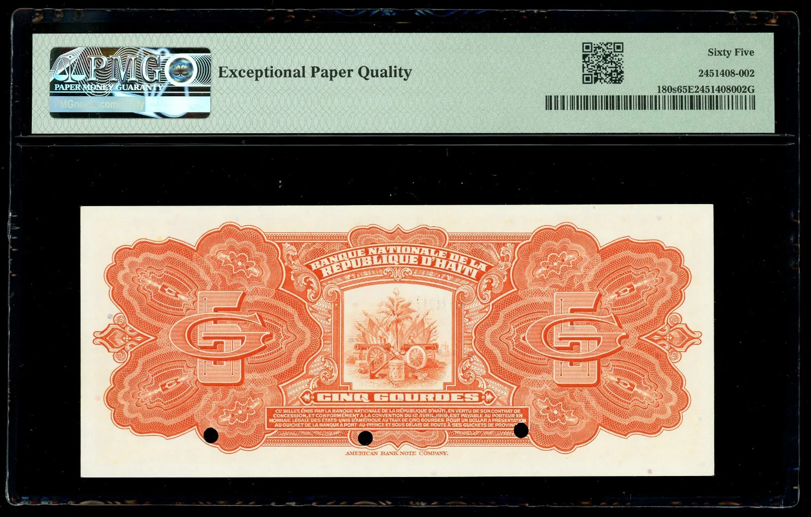 HAITI 5 Gourdes Specimen 1919 (1951-64) PMG Gem UNC 65 EPQ Pick-180s - Image 2