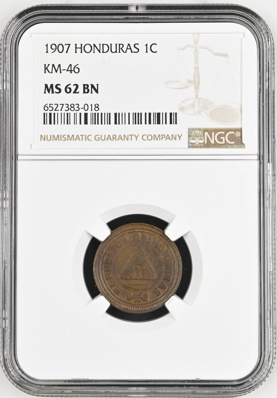 Honduras Bronze 1 Centavo 1907 Large UN Plain Edge NGC MS62 Brown - Image 3