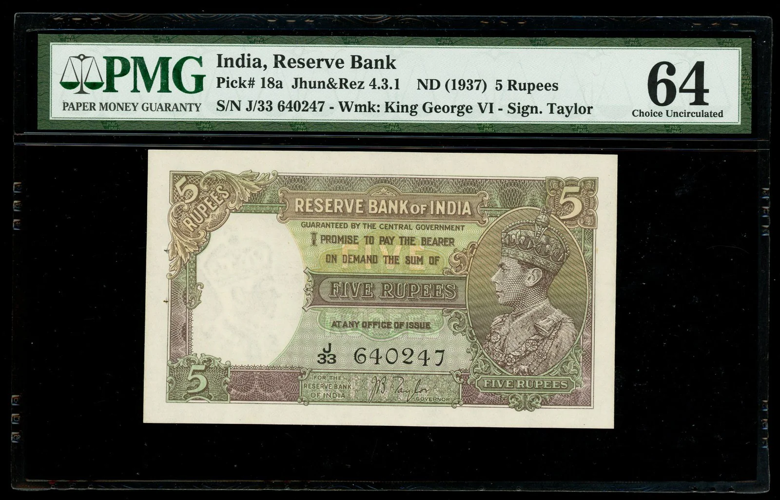 INDIA Reserve Bank of India 5 Rupees (1937) PMG Choice UNC 64 Pick-18a