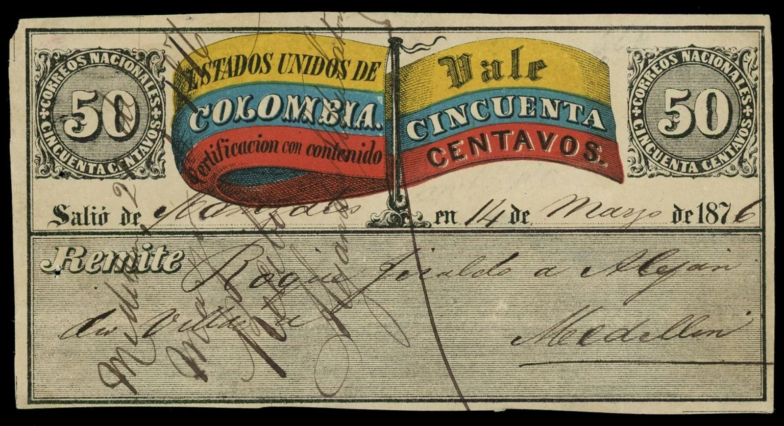 Medellin Colombia Correos Nacionales 50 Centavos 14-5-1876 Colombian Flag