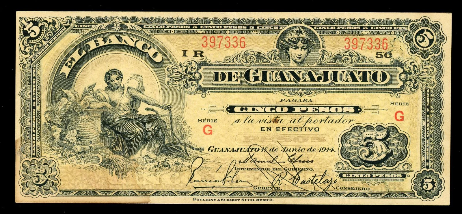 MEXICO Banco de Guanajuato 5 Pesos 1-6-1914 Series G Pick-S296 Frampton-M358