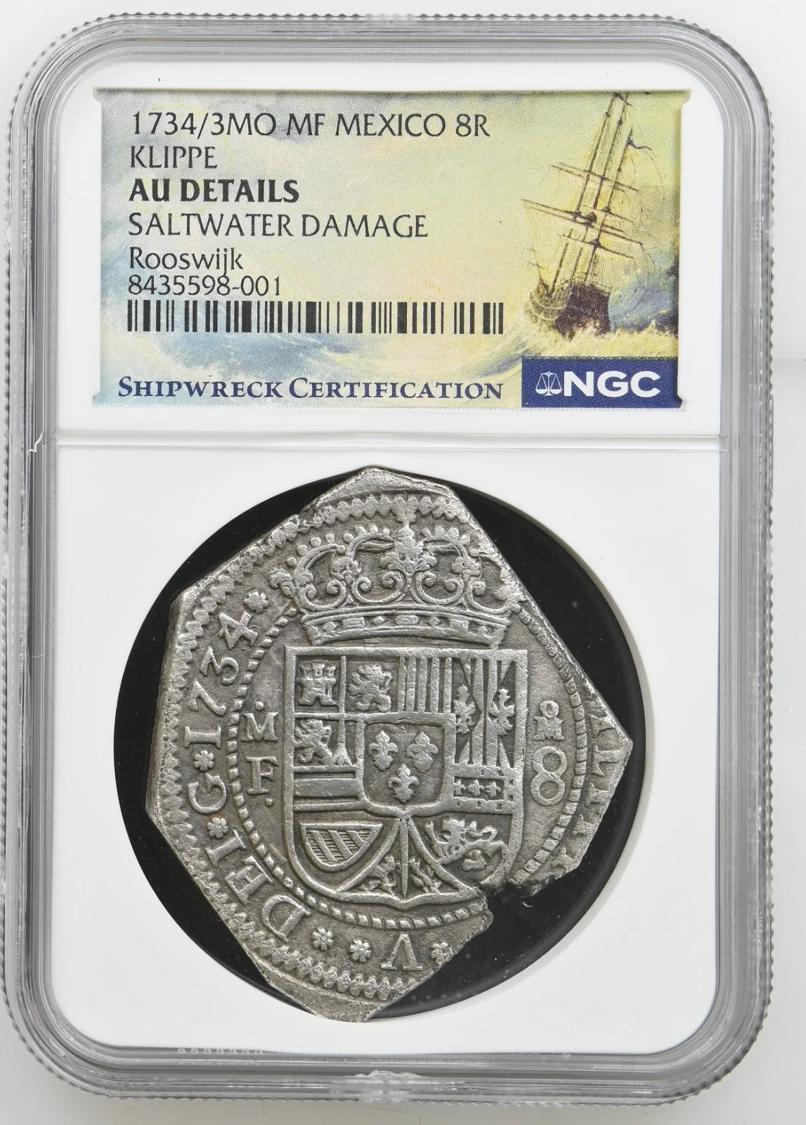 MEXICO klippe 8 reales 1734/3 MF rare Rooswijk wreck NGC AUdetails / ex-Ponterio - Image 3