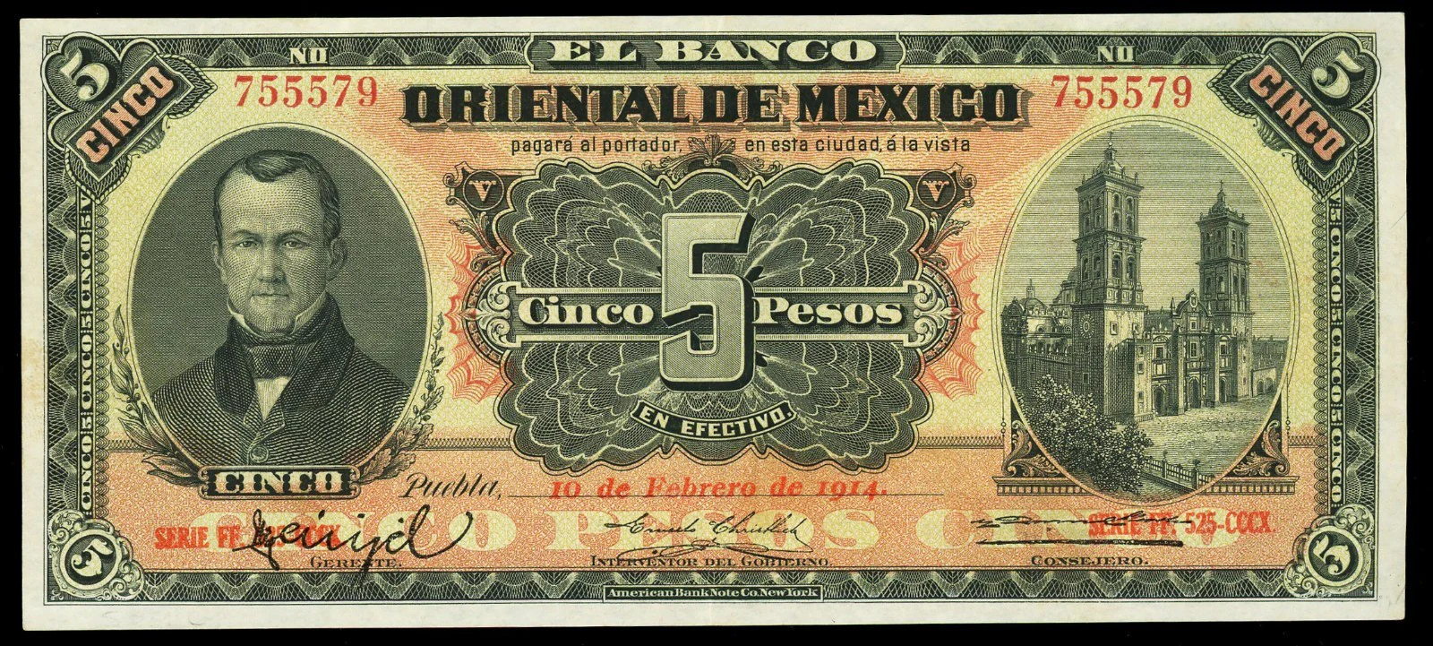 MEXICO Puebla Banco Oriental 5 Pesos 10-2-1914 Series FF Pick-S381c M460c VF+