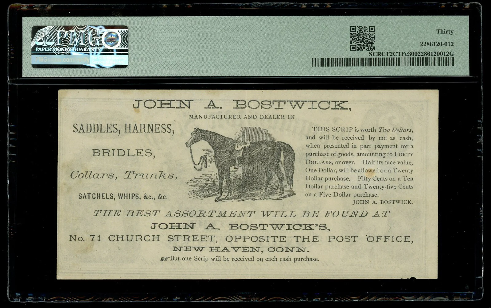 New Haven Conn. $2 ca. 1870s Tiffany Commission Scrip John A. Bostwick PMG VF 30 - Image 2