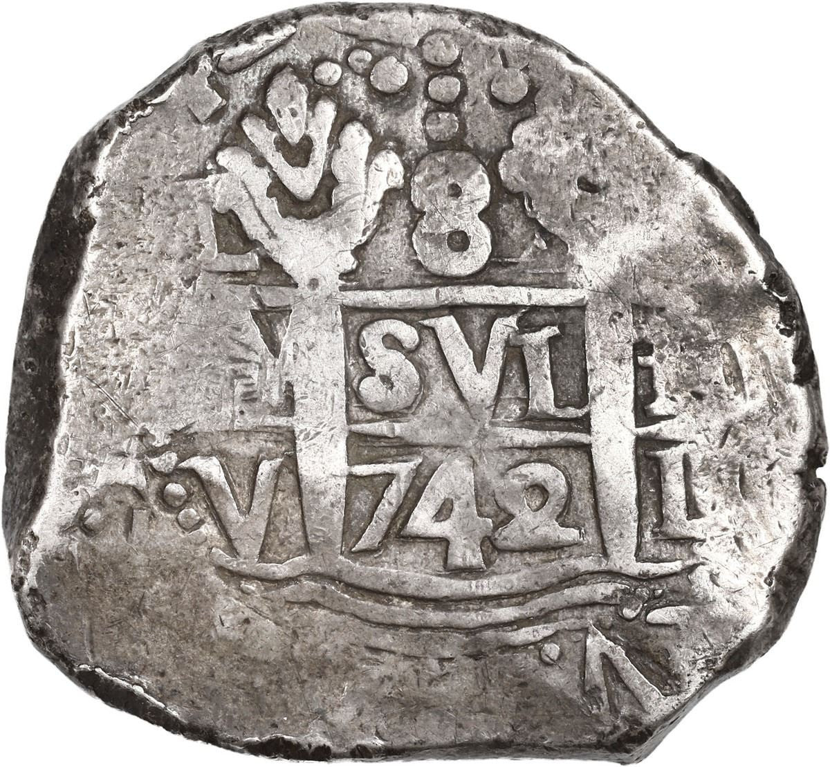 PERU, Lima, cob 8 reales, 1742 V, cross-of-five-dots at top CHOICE