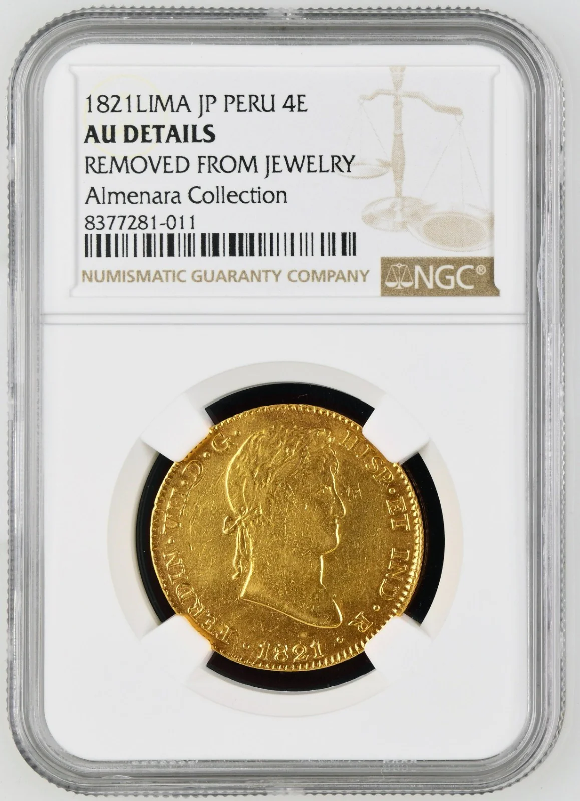 PERU Lima Gold Bust 4 Escudos Ferdinand VII 1821 JP NGC AU Details KM-128 - Image 3