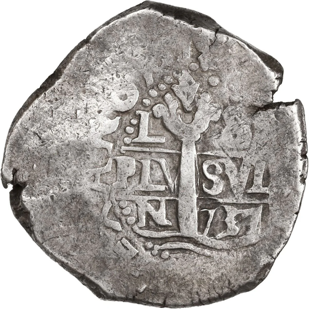 PERU, Lima, silver cob 8 reales, 1737 N, cross-of-five-dots at top
