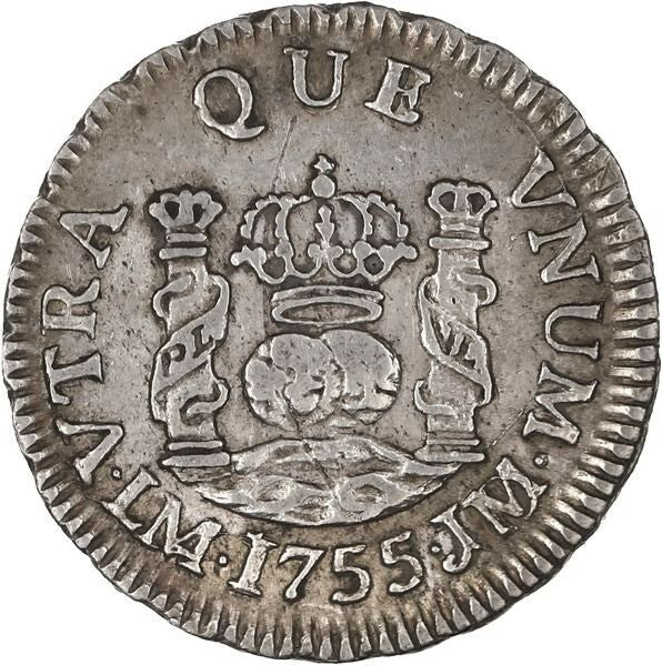 PERU Lima Silver Pillar 1/2 Real Ferdinand VI 1755 JM/D Overassayer Variety