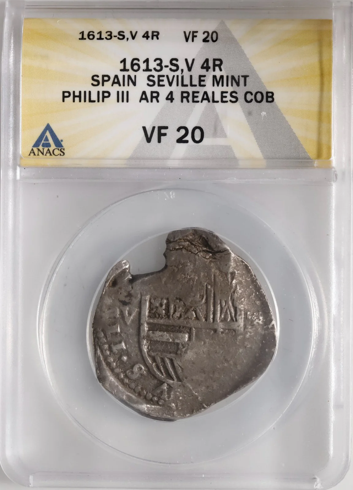 SPAIN, Seville, cob 4 reales, 1613 V, ANACS VF 20. - Image 3
