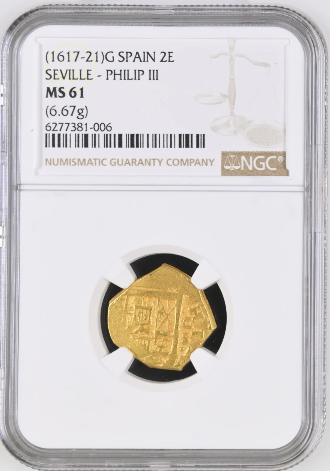 SPAIN, Seville, gold cob 2 escudos, Philip III, assayer G ABOVE mintmark S - Image 3