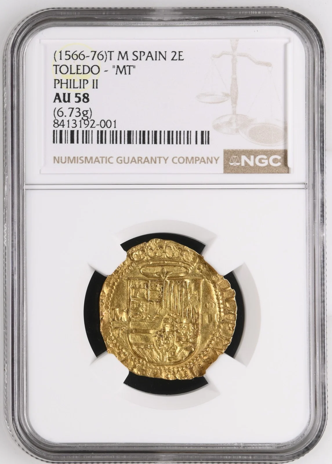 SPAIN, Toledo, gold cob 2 escudos, Philip II, NGC AU 58 - Image 3