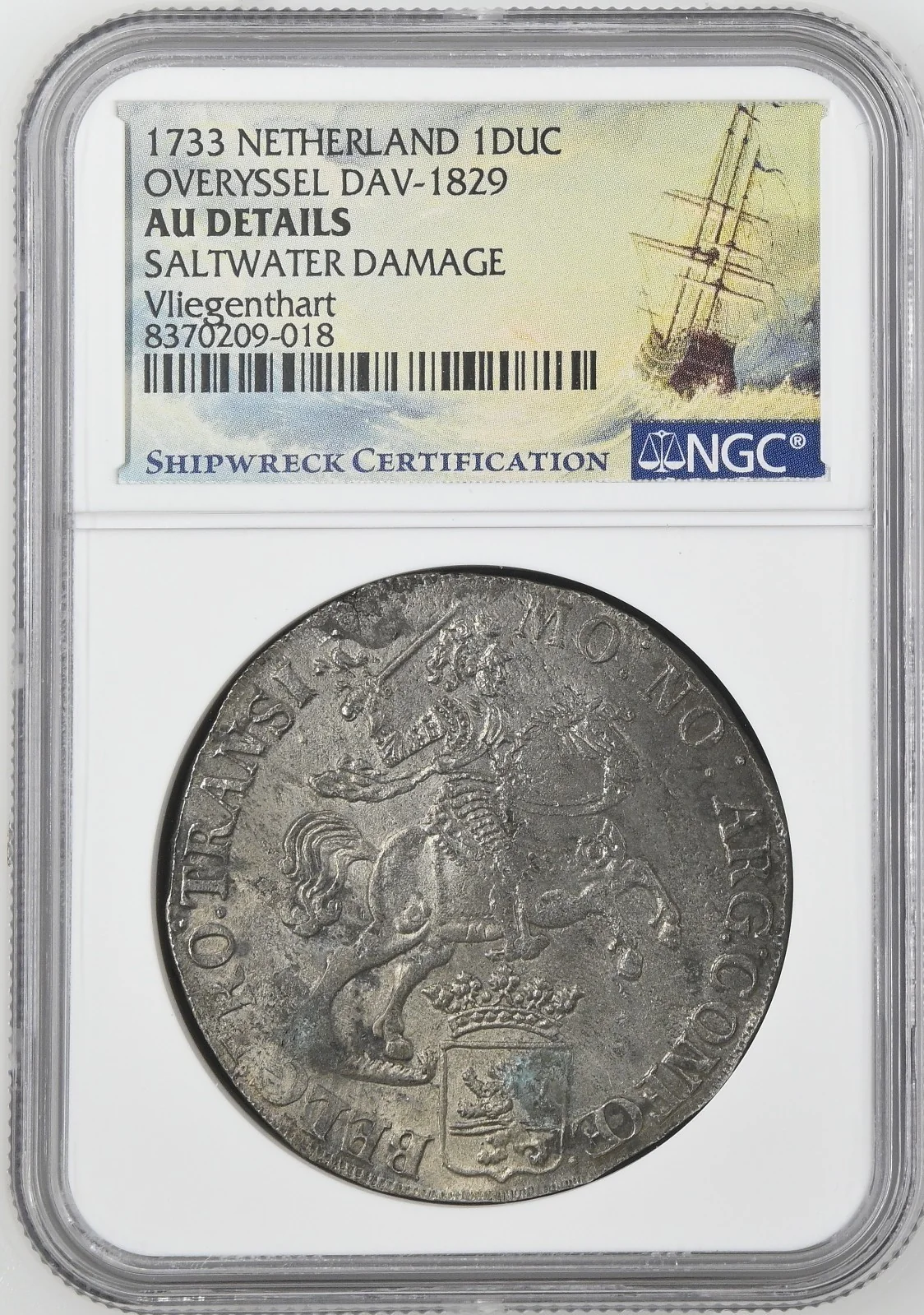 Vliegenthart Shipwreck NETHERLANDS United, "rider" ducatoon, 1733, NGC AUdetails - Image 3