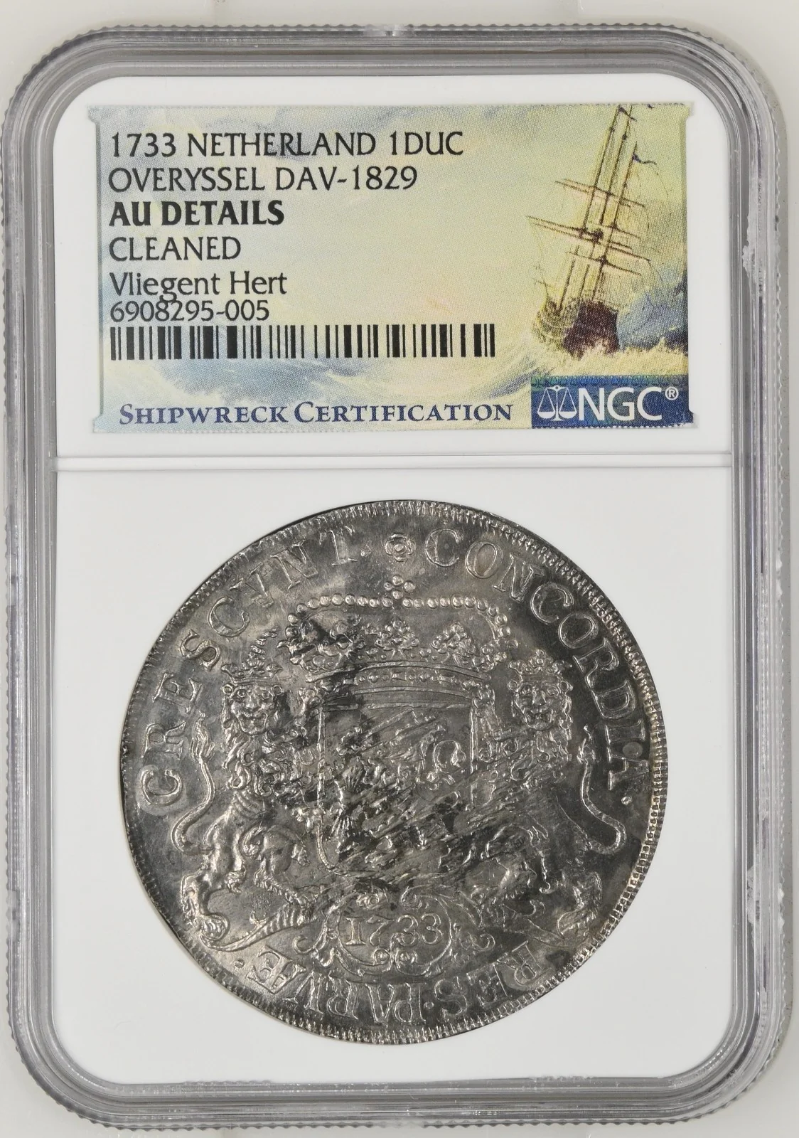 Vliegenthart Shipwreck NETHERLANDS United, "rider" ducatoon, 1733, NGC AUdetails - Image 3