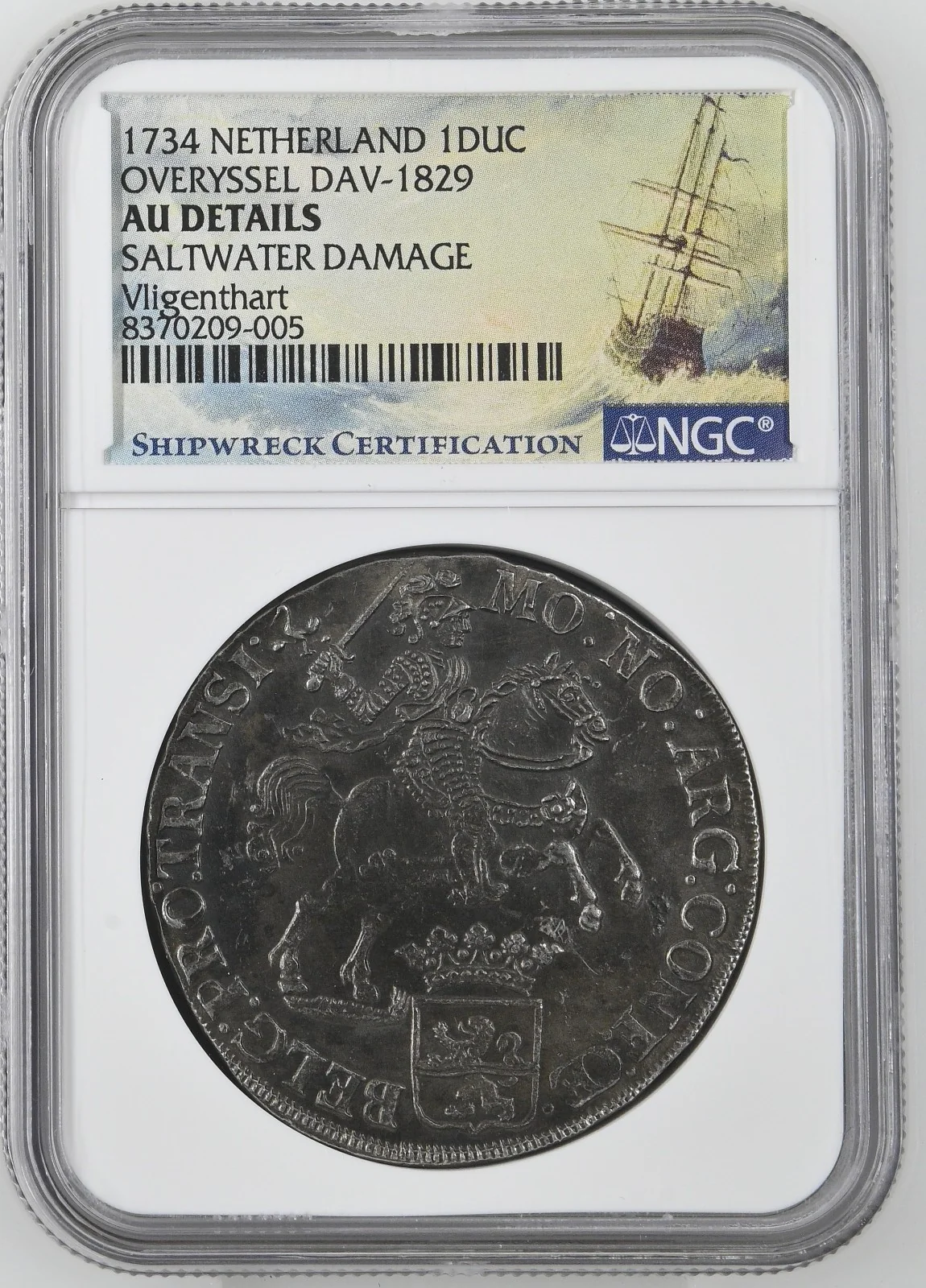 Vliegenthart Shipwreck NETHERLANDS United, "rider" ducatoon, 1734, NGC AUdetails - Image 3