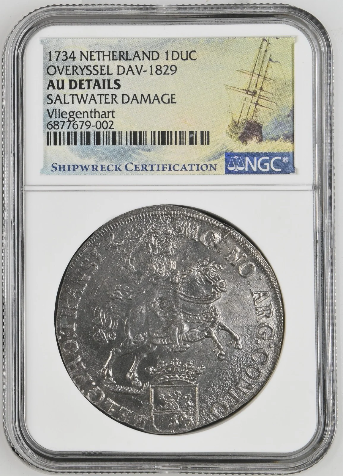 Vliegenthart Shipwreck NETHERLANDS United, "rider" ducatoon, 1734, NGC AUdetails - Image 3